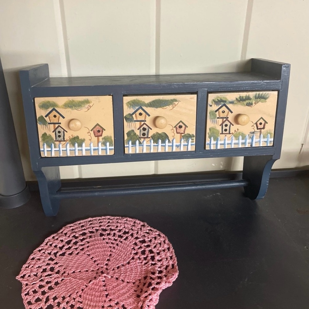 Hand-Painted Three-Drawer Wall Shelf - Navy & Cream with Birdhouse decor